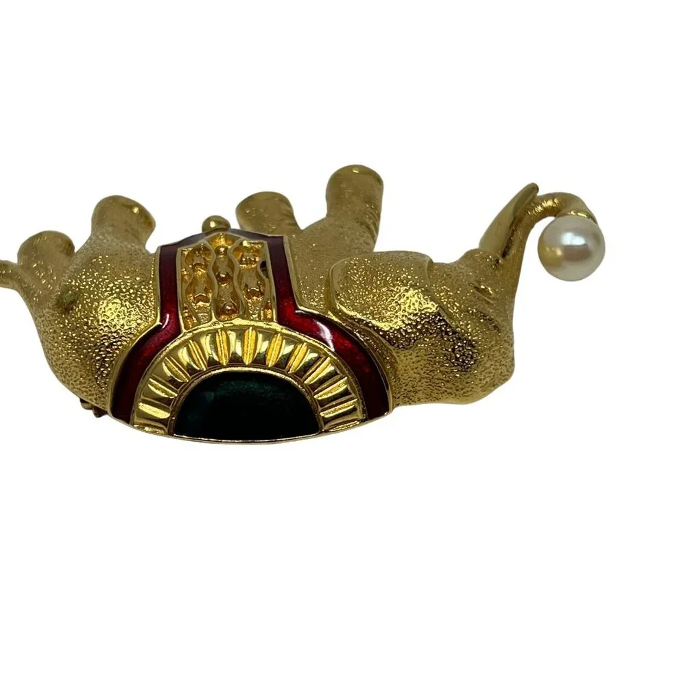 Vintage Monet Elephant Brooch Faux Pearl Red Blue Enamel and‎ Gold Tone Pin